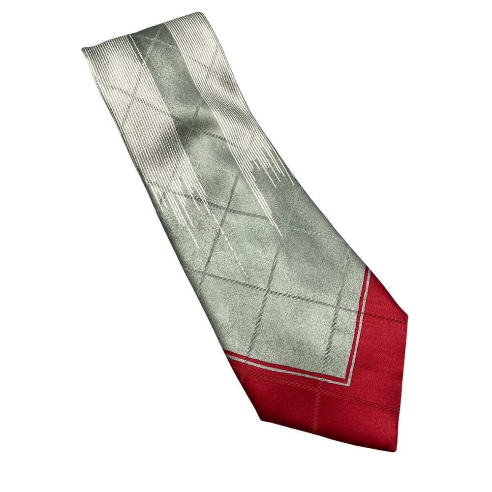 GIANFRANCO FERRE Gray and‎ Red Geometric Silk Tie Made In Italy